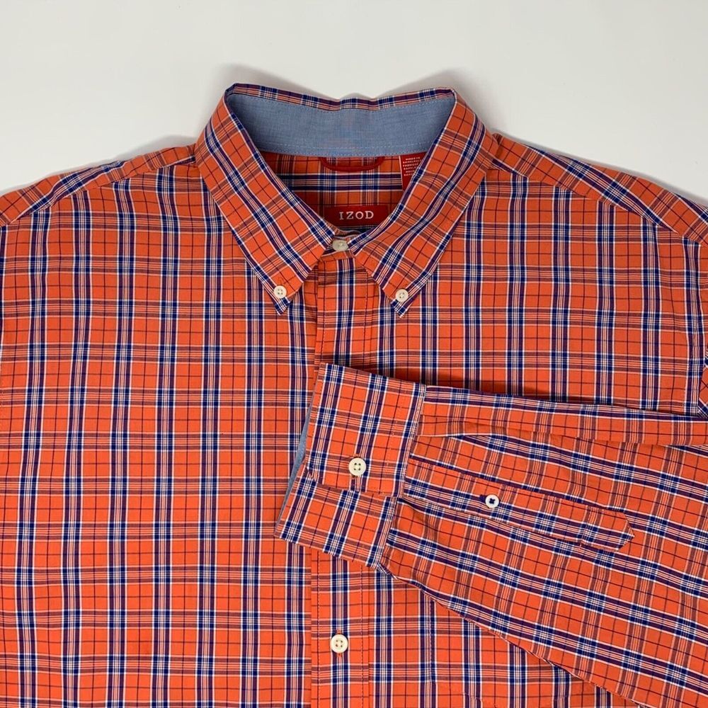 IZOD Orange & Blue Plaid Men's Long Sleeve‎ Shirt Size Large